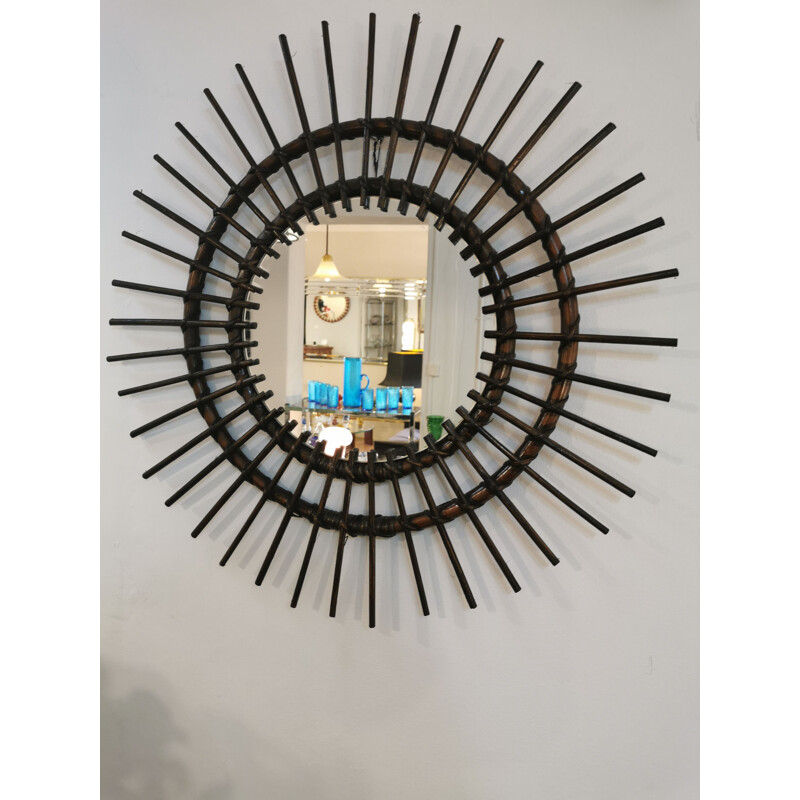 Vintage dark rattan sun mirror, 1960