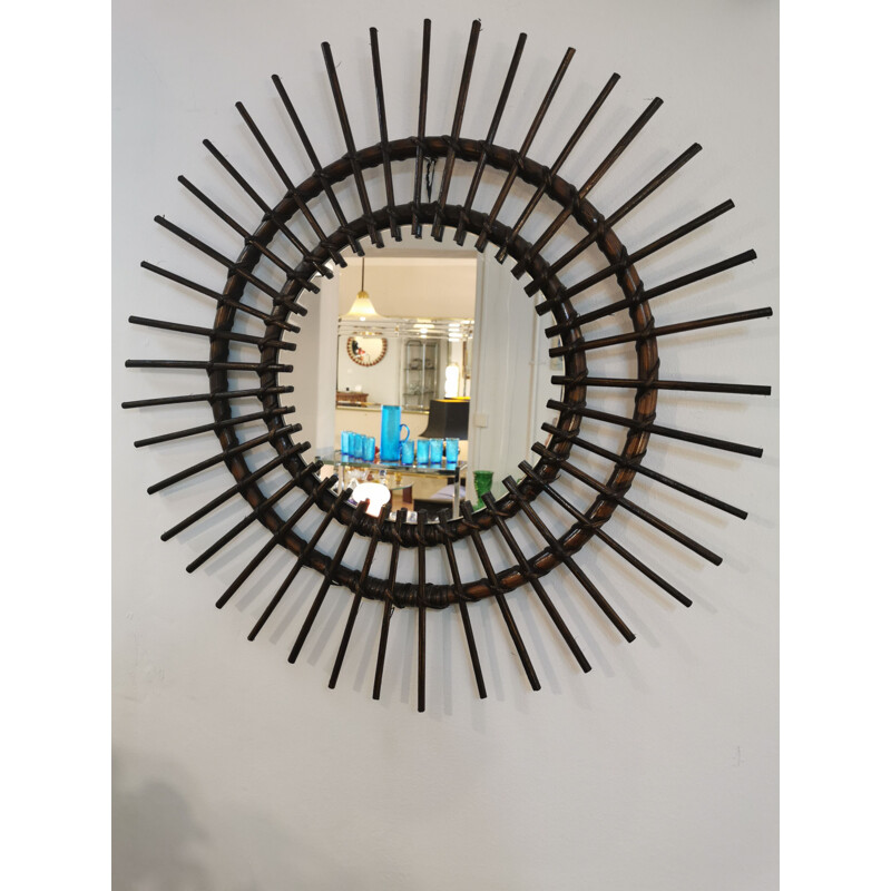 Vintage dark rattan sun mirror, 1960