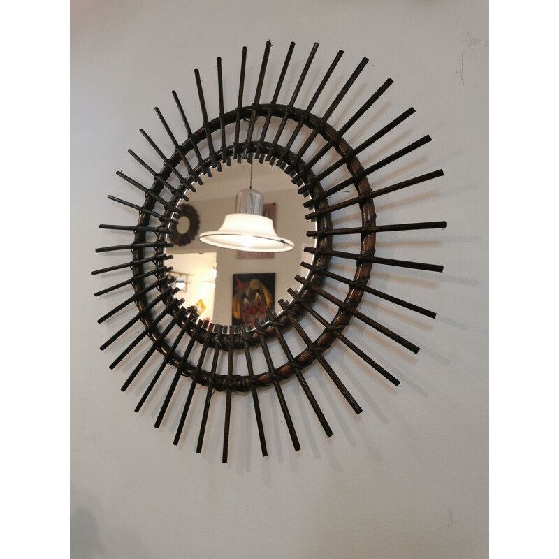 Vintage dark rattan sun mirror, 1960