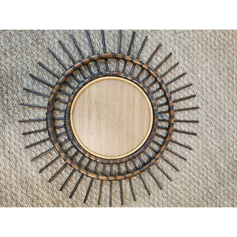 Vintage dark rattan sun mirror, 1960