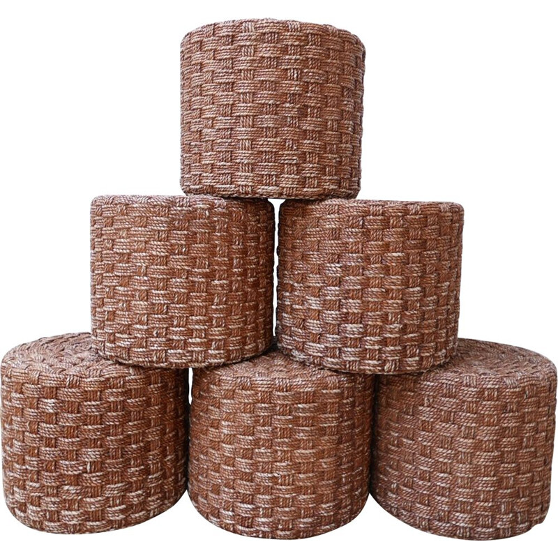 Set of 6 mid-century rope poufs, France 1960s