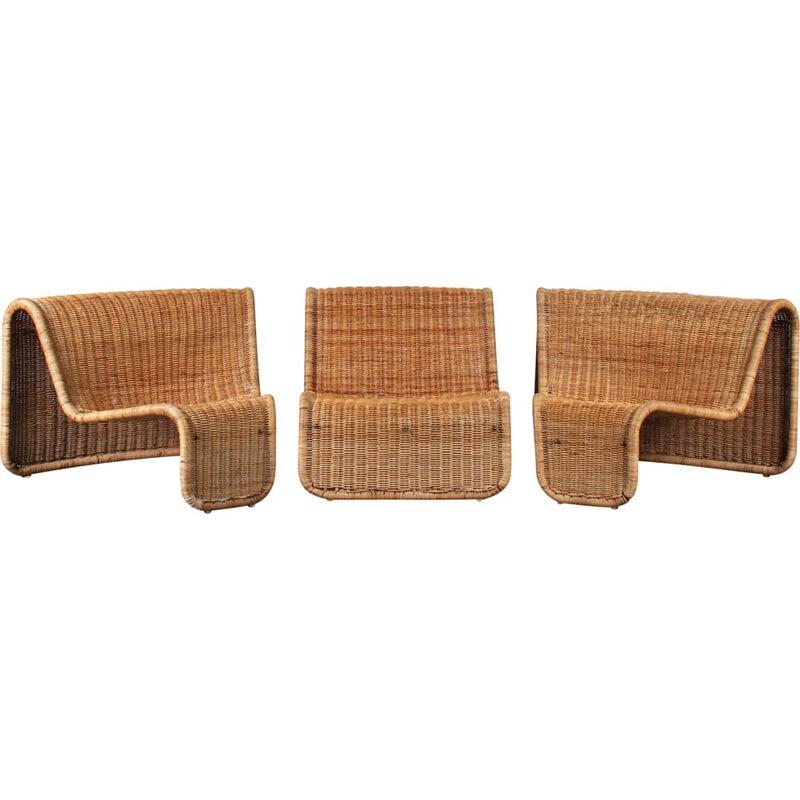 Set of 3 vintage modular rattan sofas by Tito Agnoli for Bonacina, Italy 1960