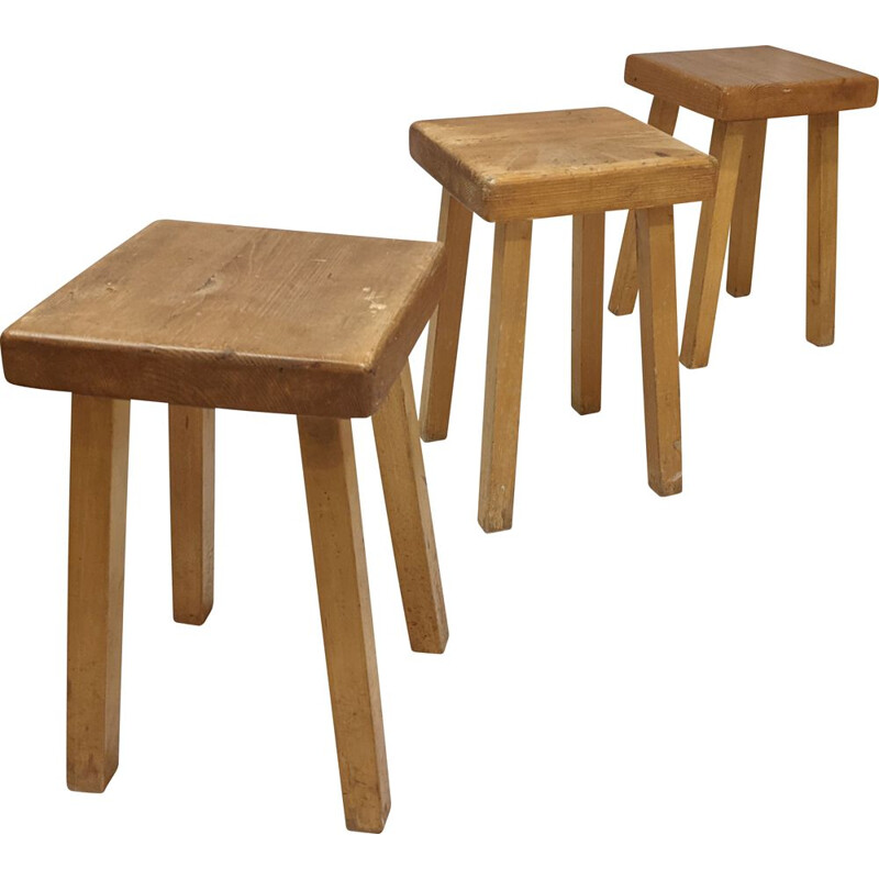 Set of 3 vintage pine stools for Les Arcs 1800, 1960