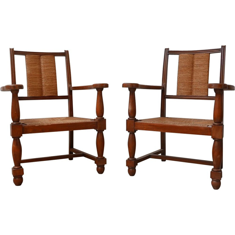 Pair of vintage armchairs in wood and rush, France 1950