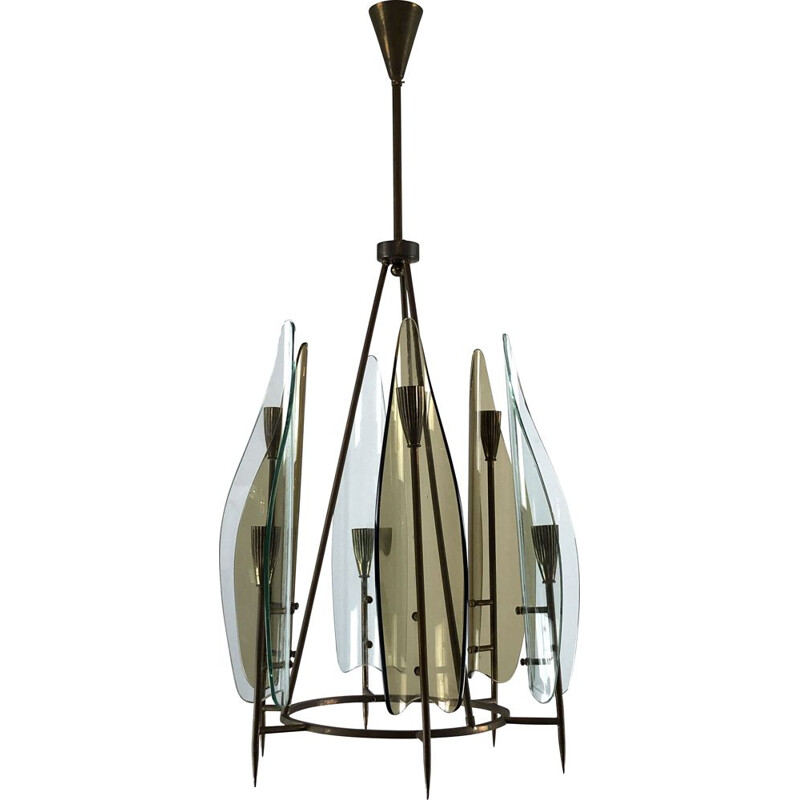 Vintage brass and curved glass chandelier by Cristal Art, Italy 1950