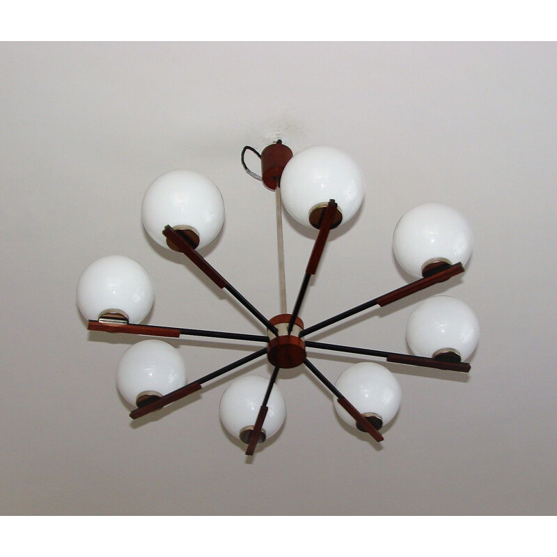 Danish mid century rosewood and glass chandelier, 1960s