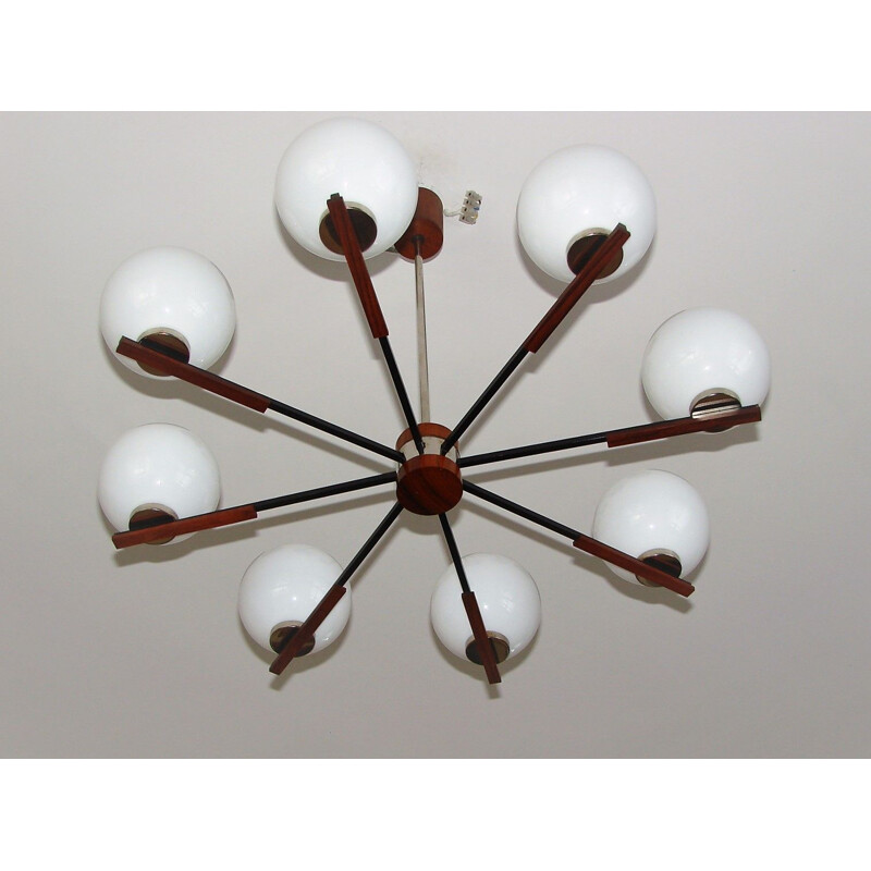 Danish mid century rosewood and glass chandelier, 1960s