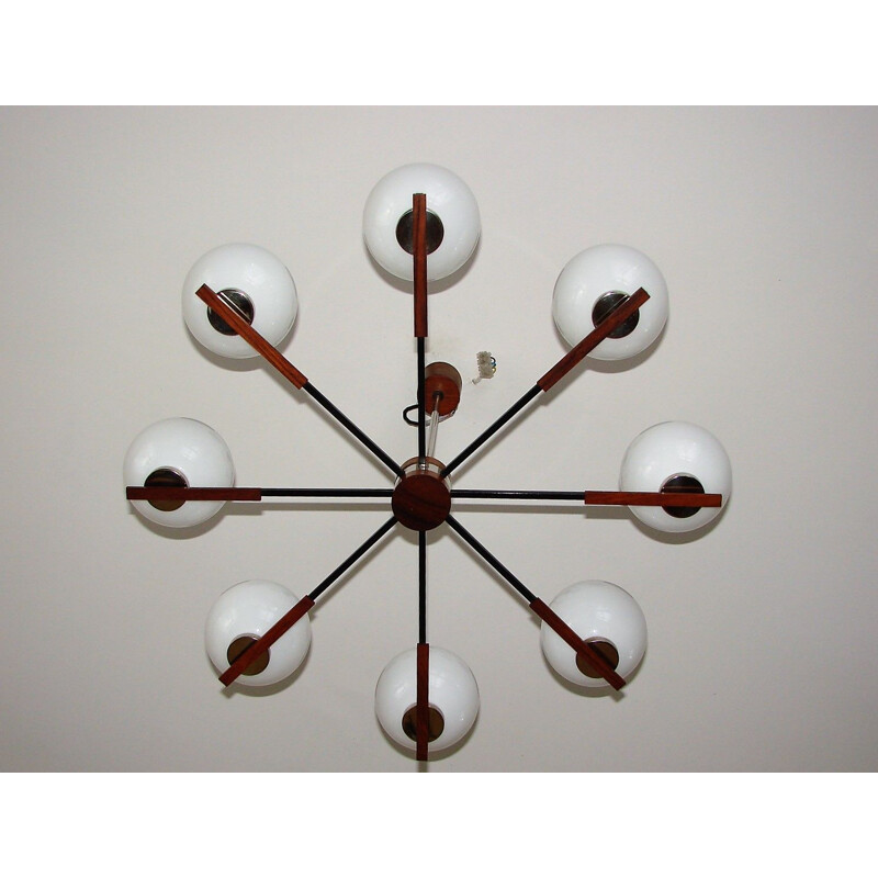 Danish mid century rosewood and glass chandelier, 1960s