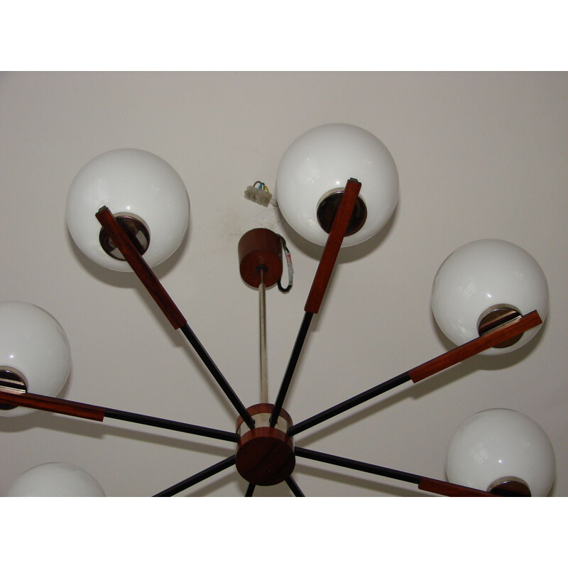 Danish mid century rosewood and glass chandelier, 1960s