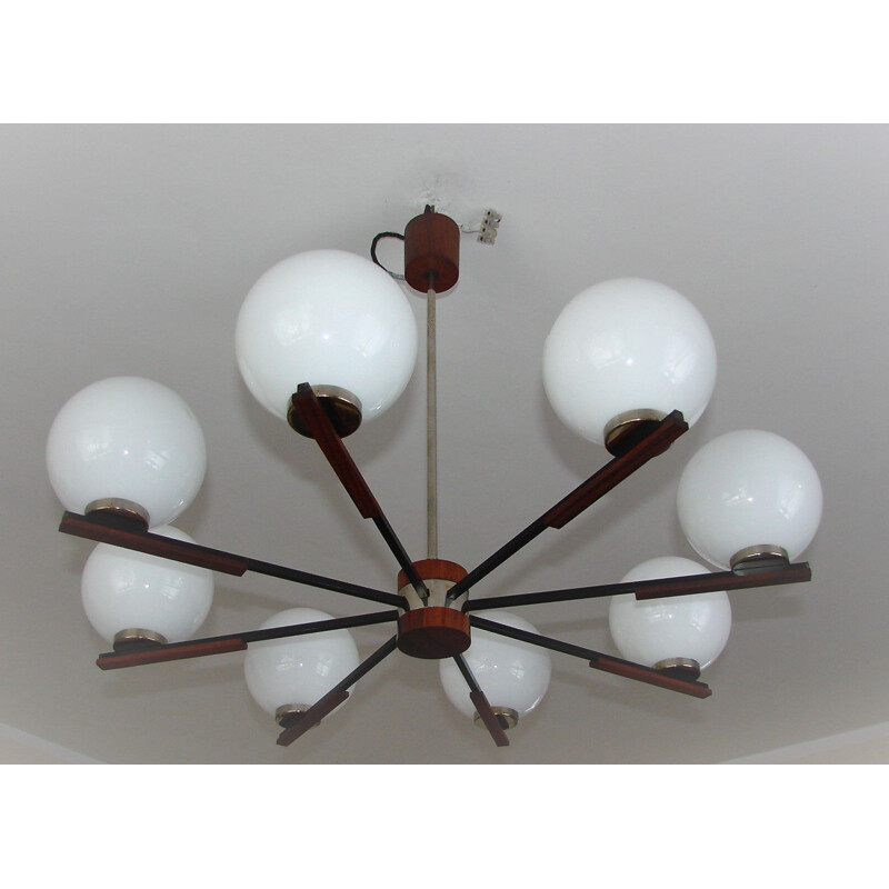 Danish mid century rosewood and glass chandelier, 1960s