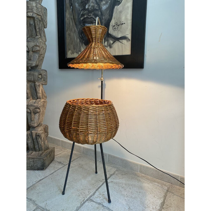 Lampada da terra vintage in rattan a forma di operaio, 1950