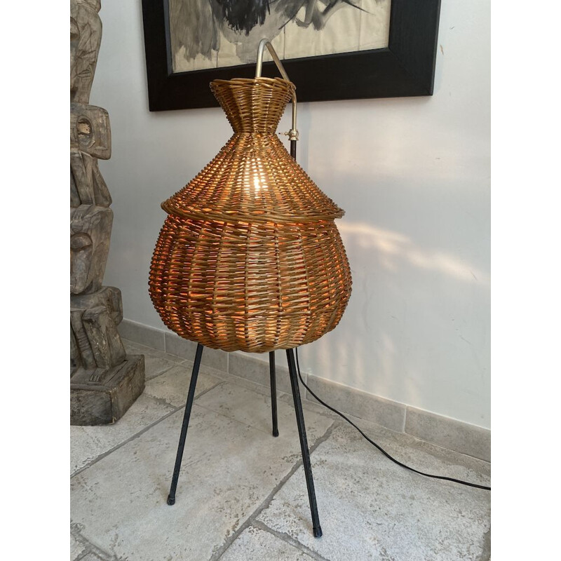 Vintage rattan floor lamp in the shape of a worker, 1950