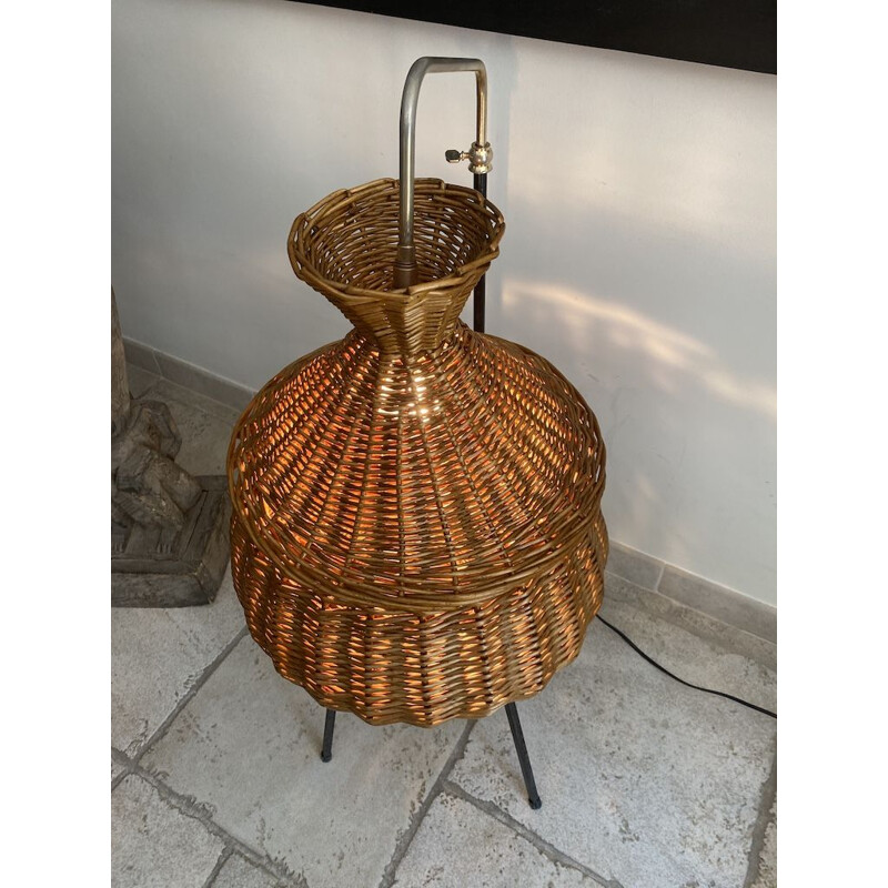 Lampada da terra vintage in rattan a forma di operaio, 1950