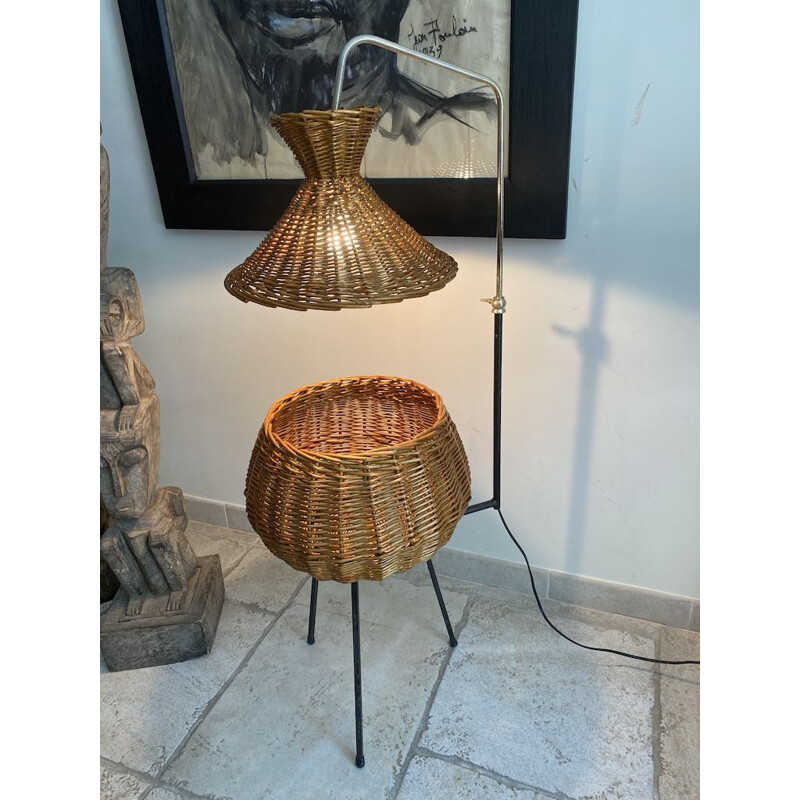 Lampada da terra vintage in rattan a forma di operaio, 1950