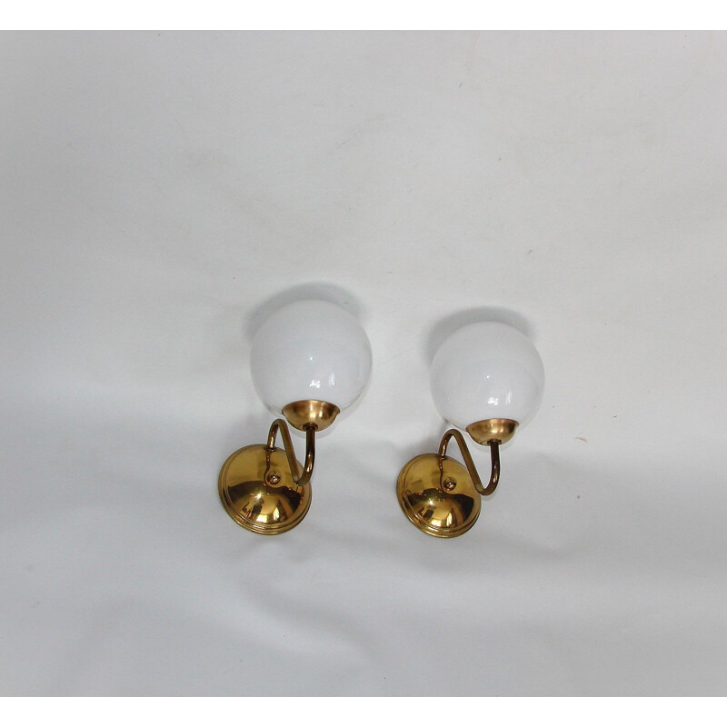 Pair of vintage brass and glass wall lamps, 1960s