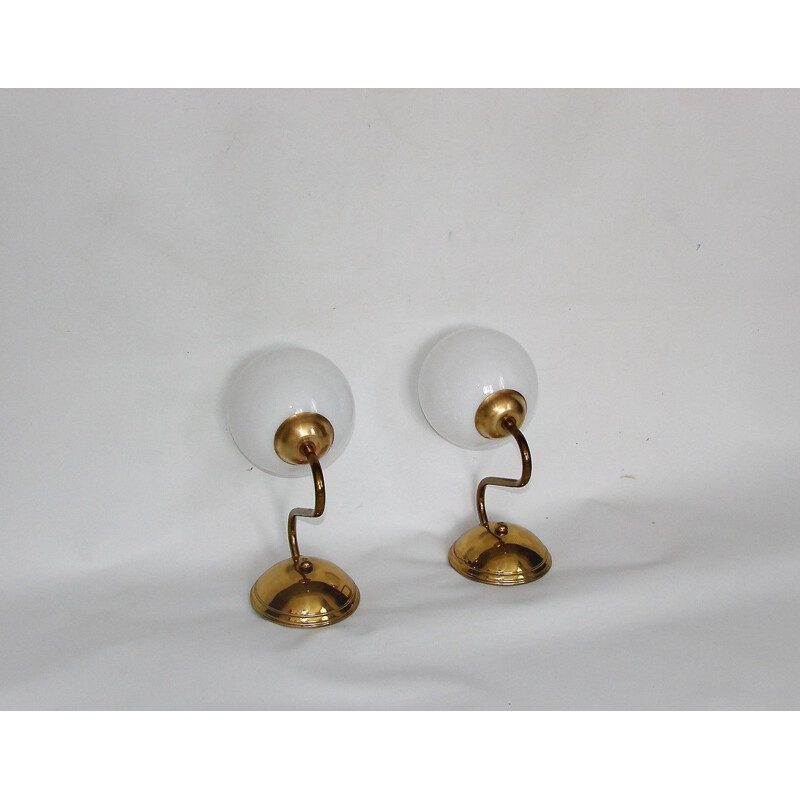 Pair of vintage brass and glass wall lamps, 1960s