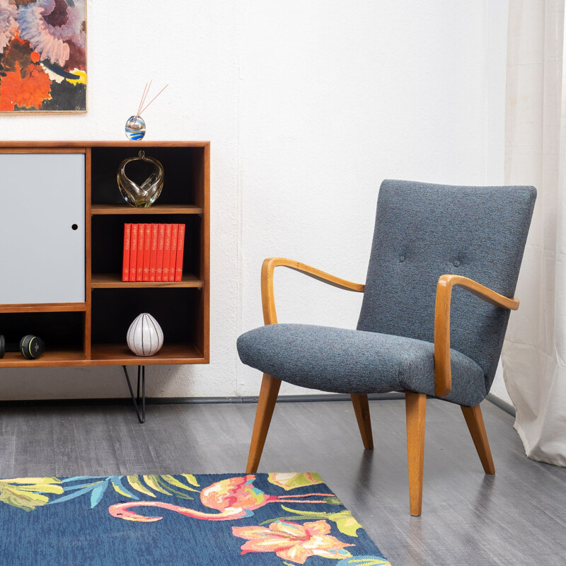 Vintage beechwood grey armchair with tapered legs, 1950s