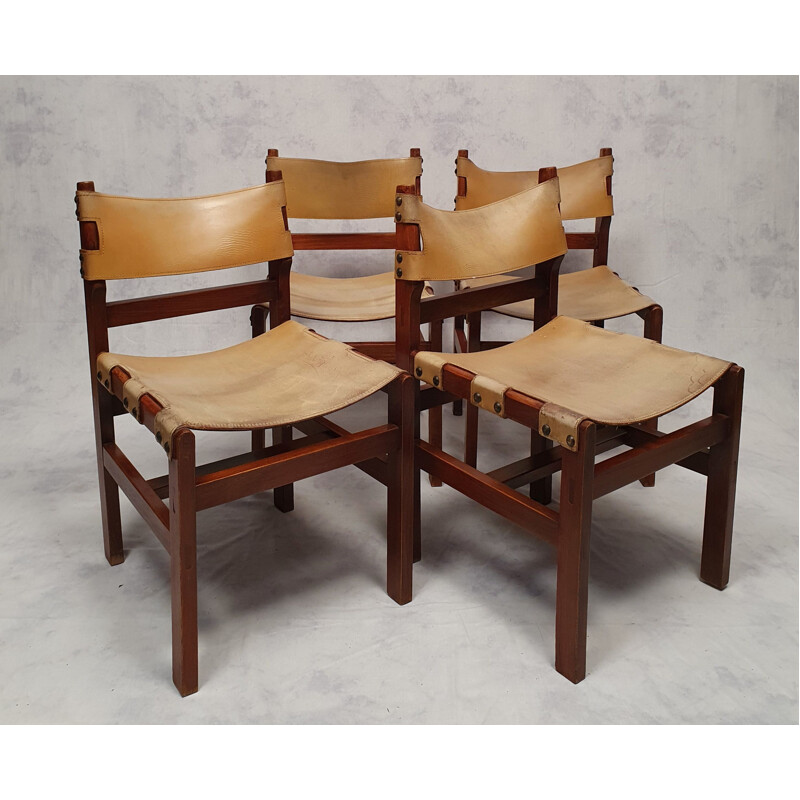 Conjunto de 4 cadeiras de olmo e couro, França 1960