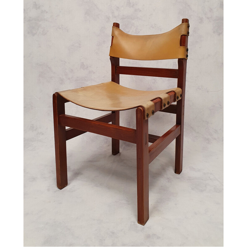 Set of 4 vintage elm and leather chairs, France 1960
