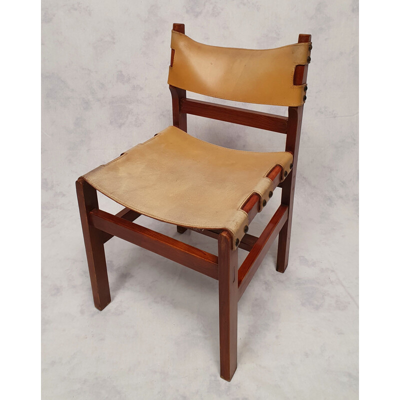 Conjunto de 4 cadeiras de olmo e couro, França 1960
