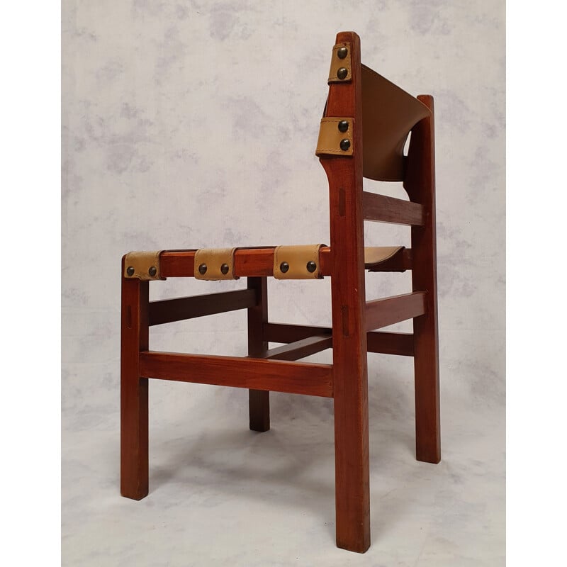 Lot de 4 chaises vintage en orme et cuir, France 1960