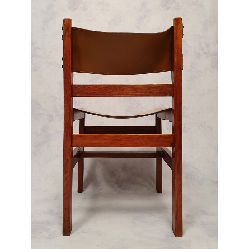 Juego de 4 sillas vintage de olmo y cuero, Francia 1960