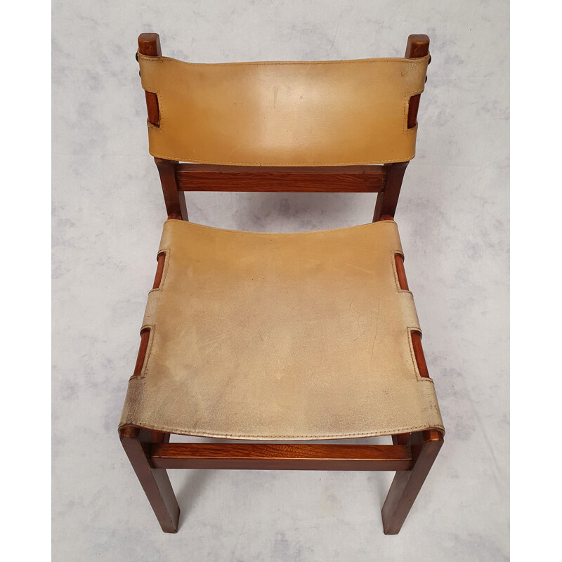 Set van 4 vintage stoelen van iepenhout en leer, Frankrijk 1960