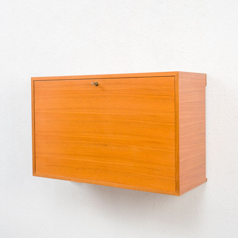 Walnut vintage wall cabinet with interior lighting, 1960s