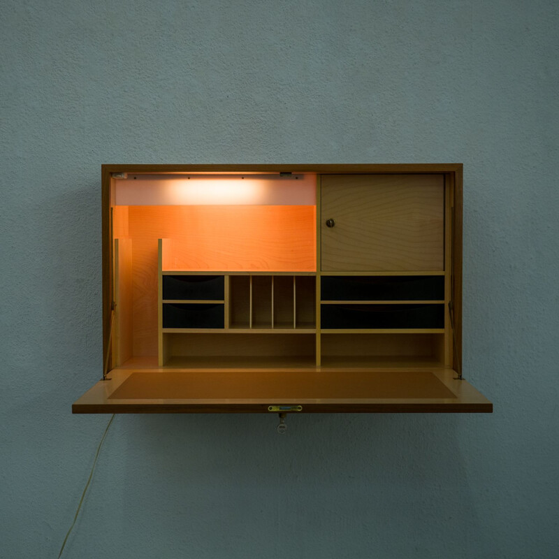 Walnut vintage wall cabinet with interior lighting, 1960s