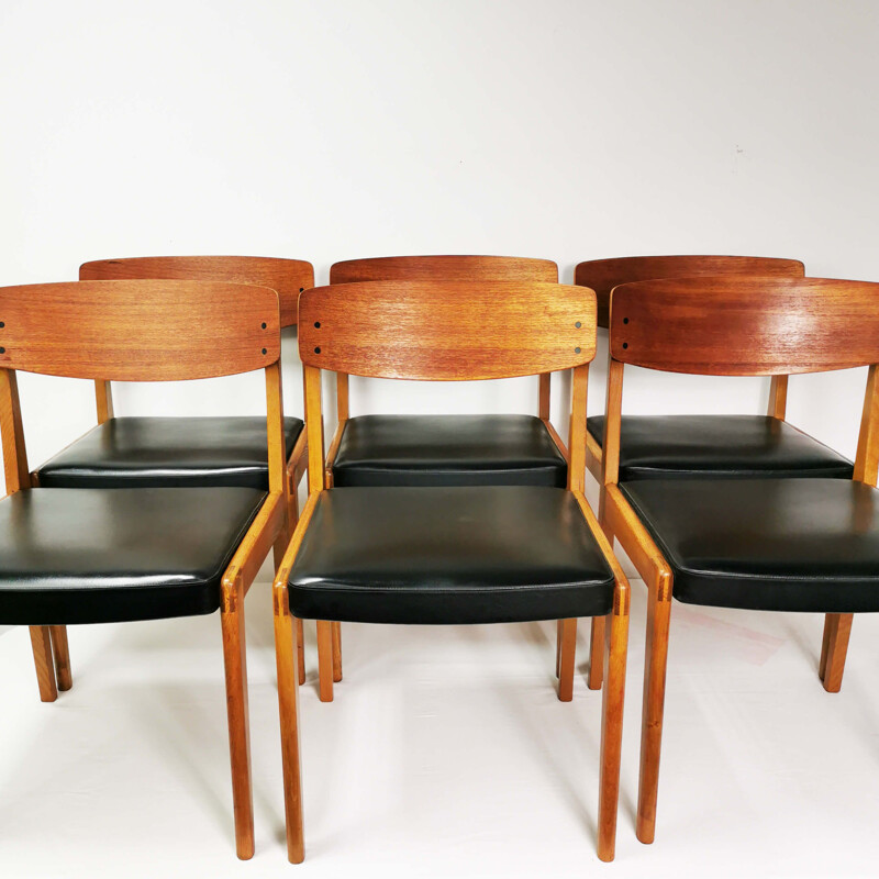 6 vintage beechwood chairs with teak plywood backs, Denmark 1960