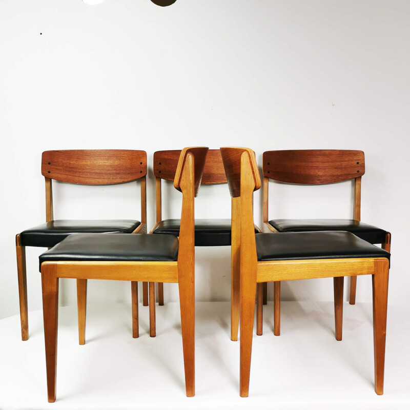 6 chaises vintage en hêtre et dossiers en contreplaqué de teck, Danemark 1960