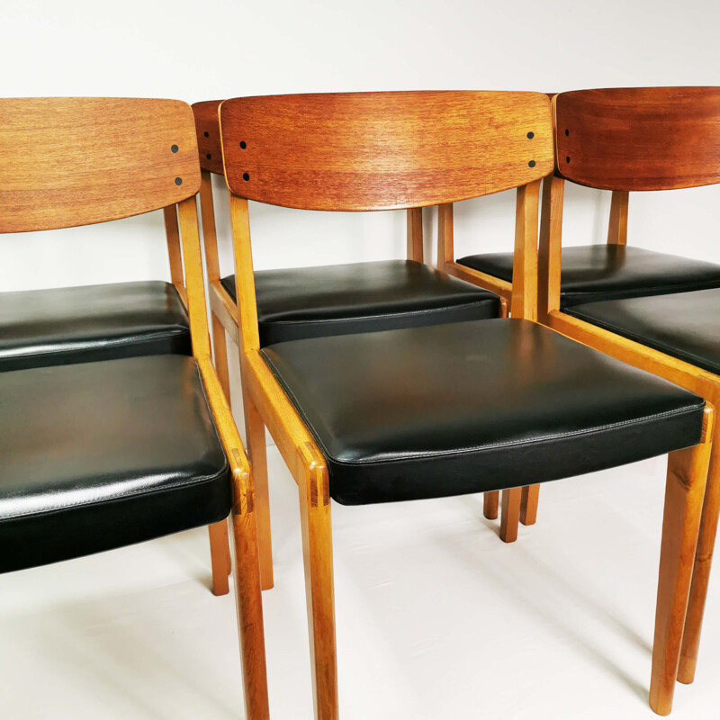 6 chaises vintage en hêtre et dossiers en contreplaqué de teck, Danemark 1960
