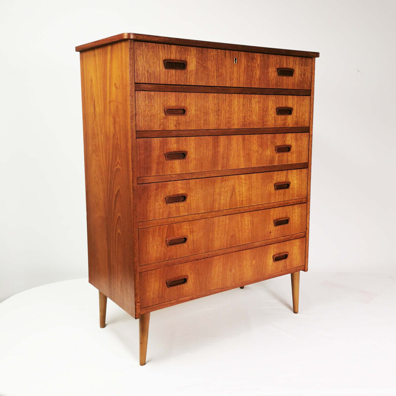 Teak mid century chest of drawers with 6 pull-out drawers, Denmark 1960s