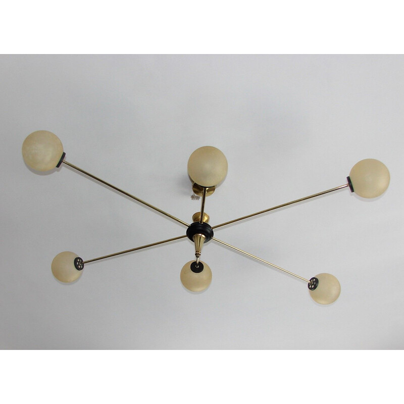 Lampadario d'epoca Stilnovo in ottone e vetro, 1960