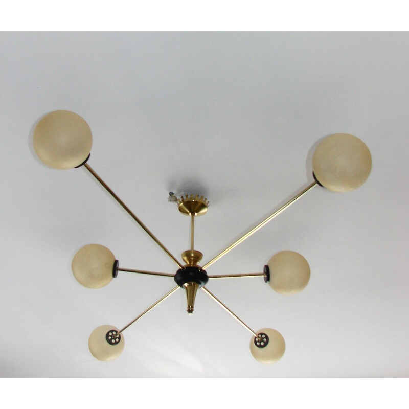 Mid century Stilnovo style chandelier made of brass and glass, 1960s