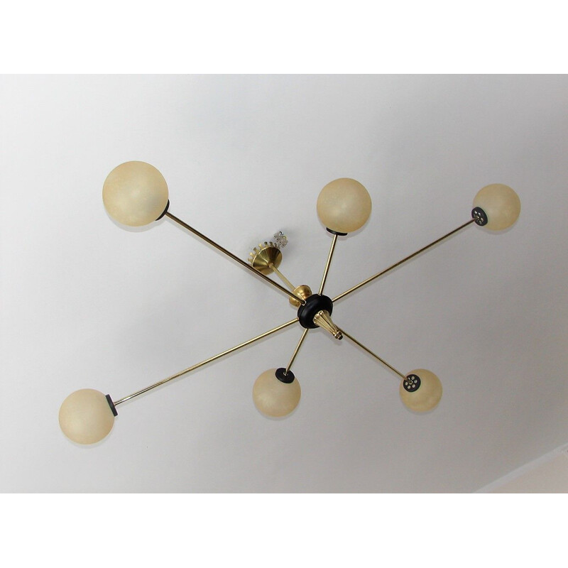 Mid century Stilnovo style chandelier made of brass and glass, 1960s