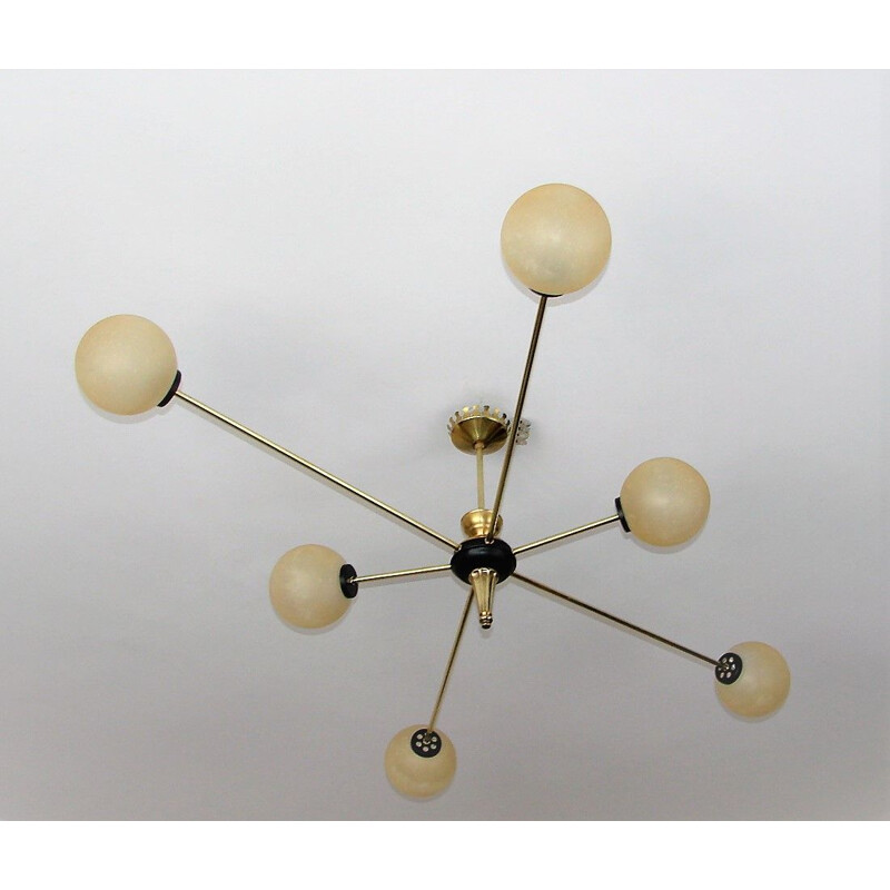 Mid century Stilnovo style chandelier made of brass and glass, 1960s