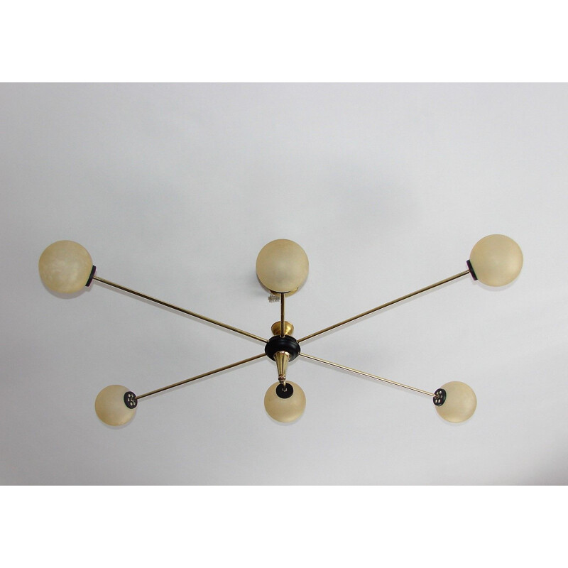 Mid century Stilnovo style chandelier made of brass and glass, 1960s