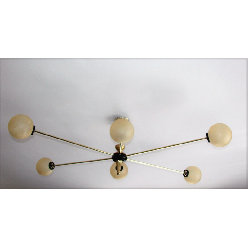Mid century Stilnovo style chandelier made of brass and glass, 1960s