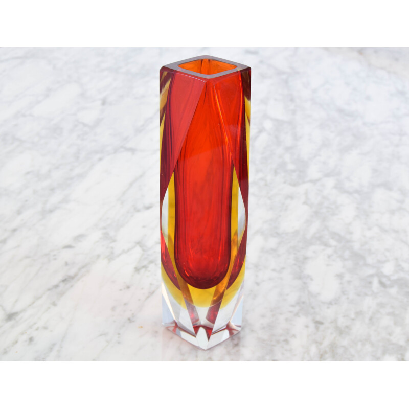 Mid century red and yellow Murano faceted Sommerso glass vase by Mandruzzato, Italy 1960s