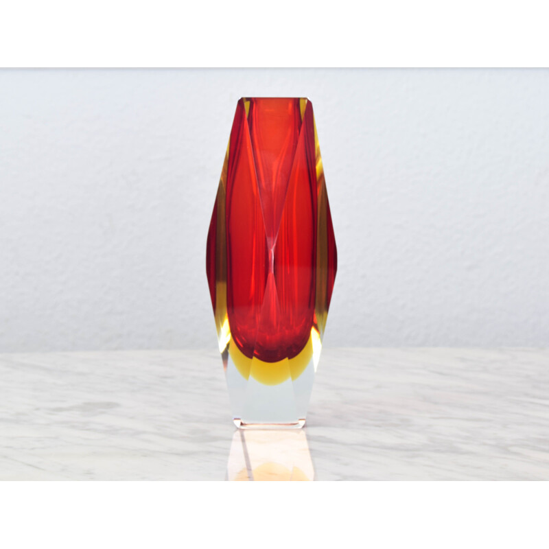 Mid century red and yellow Murano faceted Sommerso glass vase by Mandruzzato, Italy 1960s