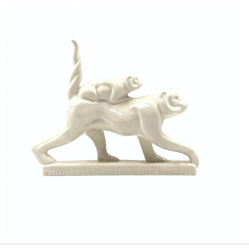 Sculpture Art Déco vintage en faïence craquelée "Macaques" d'Emaux de Louviere, Belgique 1930