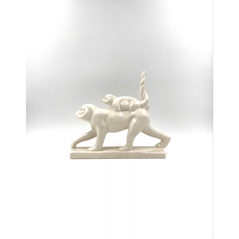 Vintage Art Deco sculpture in cracked earthenware "Macaques" from Emaux de Louviere, Belgium 1930