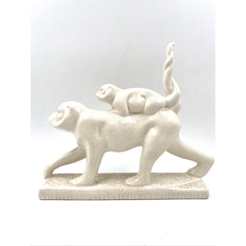 Vintage Art Deco sculpture in cracked earthenware "Macaques" from Emaux de Louviere, Belgium 1930