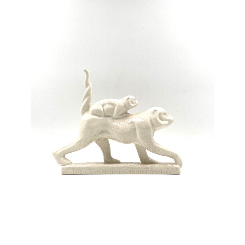 Vintage Art Deco sculpture in cracked earthenware "Macaques" from Emaux de Louviere, Belgium 1930