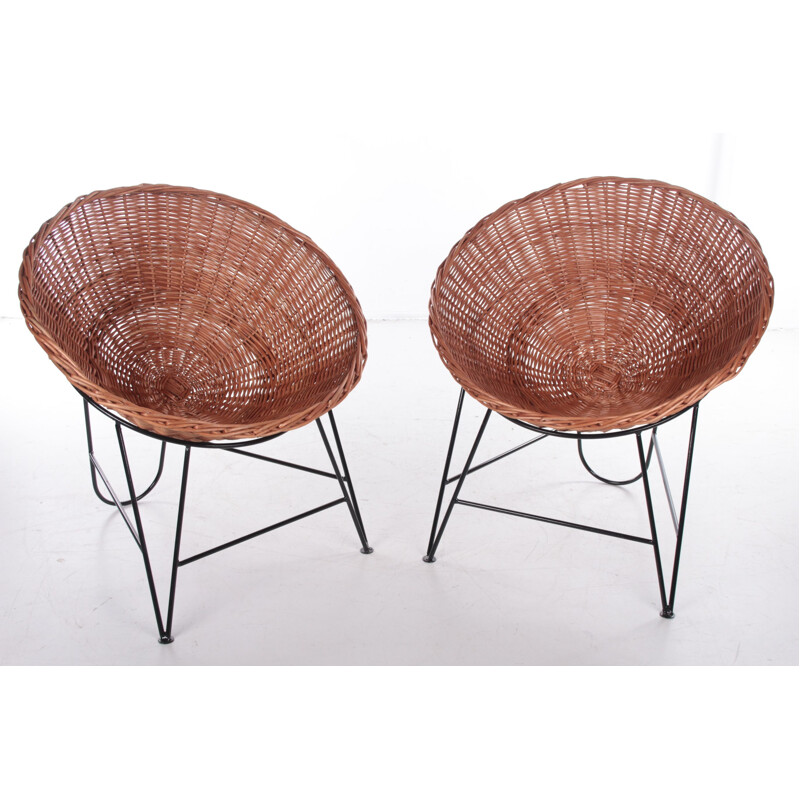 Pair of vintage wicker armchairs, France 1950