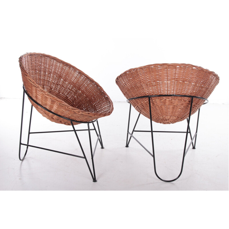 Paar vintage rieten fauteuils, Frankrijk 1950