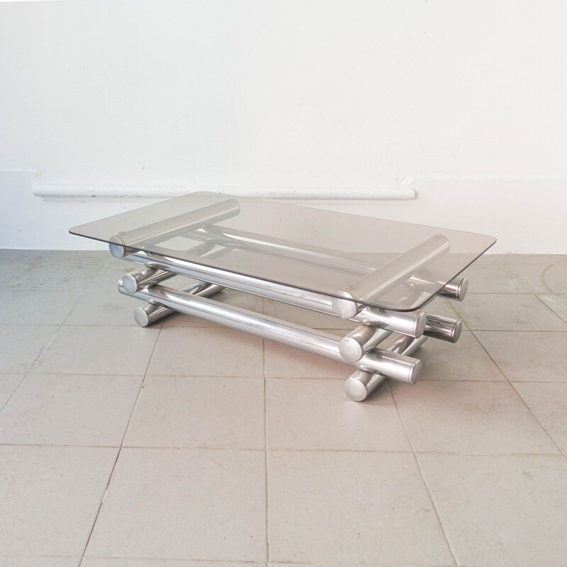 Vintage tubular coffee table in chrome and glass, Italian 1970