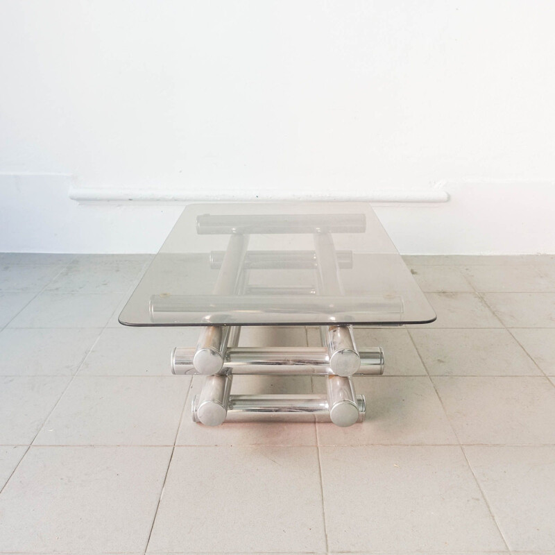 Vintage tubular coffee table in chrome and glass, Italian 1970