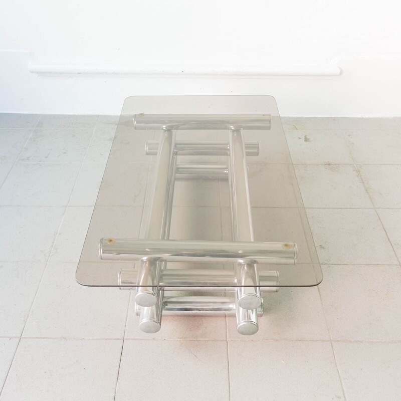 Vintage tubular coffee table in chrome and glass, Italian 1970